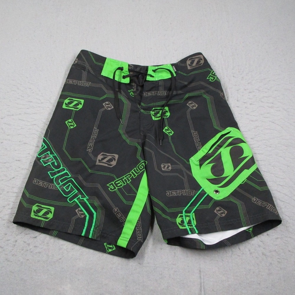 Jetpilot Mens Board Shorts Size 28 Black Lime Green Graphic Surf Swim Trunks